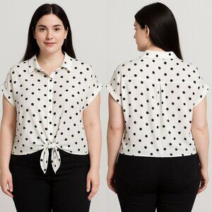 NWT Velvet Fleur White Button-Front Blouse Black Polka Dots Tie-Front Top XL